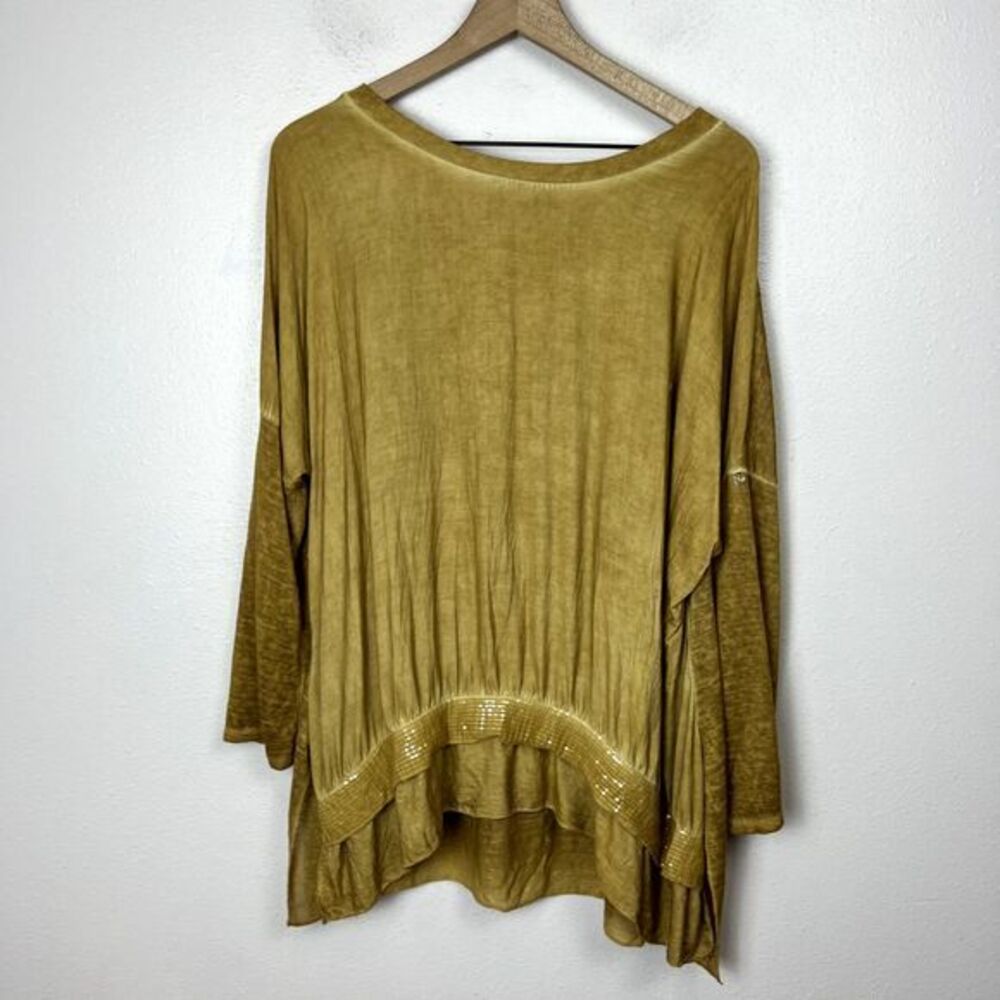 Made In Italy Flowy Tunic Top Layered‎ Roll Tab Sleeve Sequin Hem Yellow SizeXL